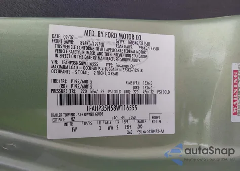 2008 Ford Focus Se/Ses из США, поврежденный, VIN 1FAHP35N58W116555